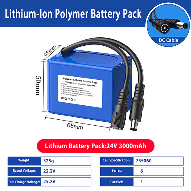 24V 3000mAh Lithium-Ion Polymer Battery Pack with DC Cable - High Efficiency for Small Appliances 9060100 1260110 124861