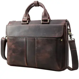 TIDING marka özel tasarım Vintage kahverengi gerçek çılgın at deri Messenger 15.6 inç dizüstü evrak çantası adam için