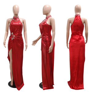 Gaun Beludru Metalik Tanpa Lengan Kerah Mock Belahan Paha Ikat Simpul Pesta <span class=keywords><strong>Prom</strong></span> - Product Image 2