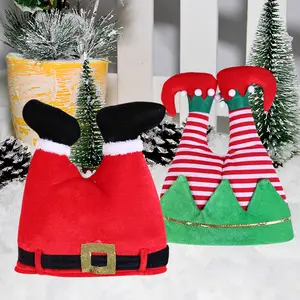 新款圣诞帽圣诞裤长条纹毛毡毛绒精灵帽子条纹铃铛节日主题帽子圣诞老人礼物