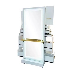 Hair Salon Furniture <b>Makeup</b> <b>Mirror</b> Double Sided Gold Stainless Steel Hairdressing Barber <b>Mirror</b> Styling Station with LED - Product Image 6