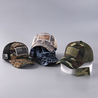 Gorra de malla con logotipo personalizado, camuflaje, bandera estadounidense, transpirable, 6 paneles, visera curva, estructura de béisbol, parche de velcro extraíble, gorra para camping
