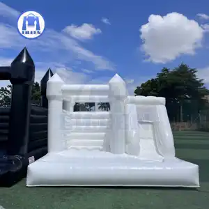 Eillen thương mại grade13 * 13ft trắng lâu đài bouncy với hố bóng và trượt đám cưới nhà trả lại kết hợp với tường PVC