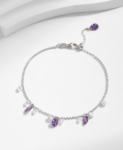 S925 Silver Chain <b>Bracelet</b> With Amethyst And Round Crystal Rhinestones Claw Setting Classic Style Women's Everyday Wear Jewelry - Product Image 6