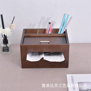 Caja de pañuelos de madera con soporte para bolígrafos, organizador de escritorio de madera maciza para almacenamiento en el baño, pañuelos extraíbles - Product Image 4