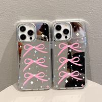 Étui de téléphone simple et luxueux avec nœud rose trois-en-un et miroir, compatible avec les modèles iPhone 12, 13, 14, 15, 16 et 17.
