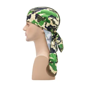 wholesale high quality camouflage printing durags soft silk satin material long tail pirate hat bandanna caps