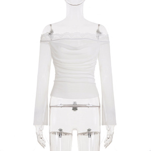 Women Off Shoulder Lace Trim Mesh Ruched Long Sleeve Slim Fit Y2K <b>Top</b> Sheer <b>Patchwork</b> Bell Sleeve Party Streetwear <b>Top</b> - Product Image 6