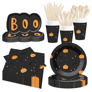 DAMAI - Kit de Fiesta Temática de Halloween con Platos Desechables de Papel Negro, Vasos, Pancarta y Juego de Cubiertos - Product Image 2
