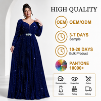 Robes de soirée bleu marine en velours à sequins, col en V, manches longues, taille ornée de bijoux, longueur ras du sol, grande taille, robe de mère de la mariée, formelle