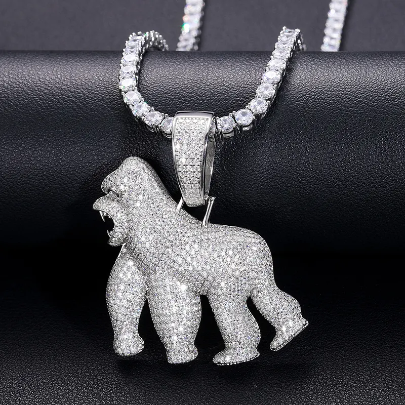 Dropshipping Hip Hop Jewelry 925 Sterling Silver Micro Pave VVS Moissanite Diamond Iced Out Gorilla Pendant With Certificate