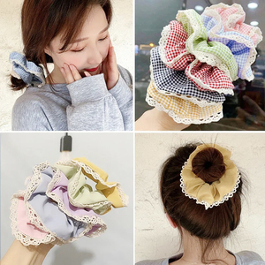 Versión coreana grande 11CM encaje a cuadros pelo Scrunchie ajustable cuerda de pelo femenino con lindo anillo para niñas - Product Image 4