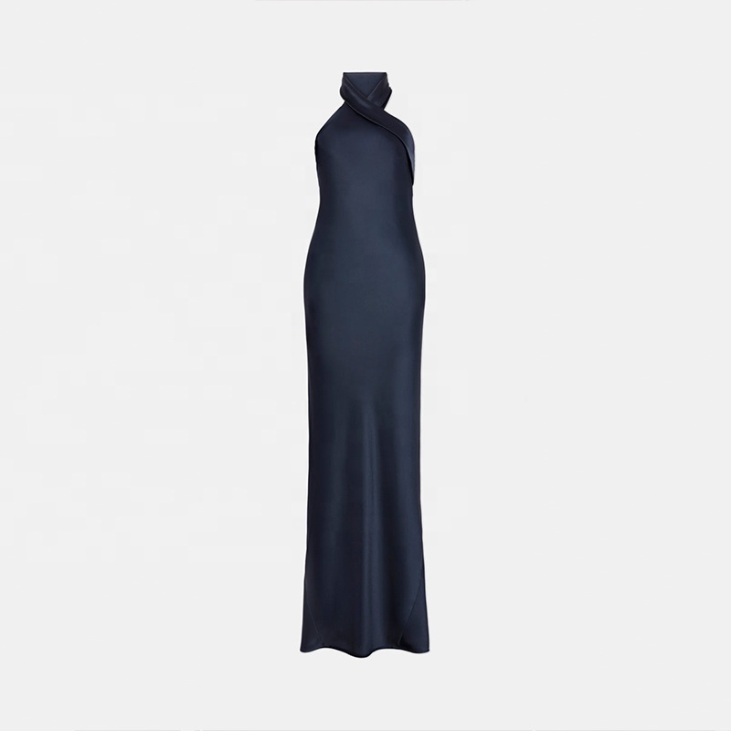 Women's Dark Navy Satin Silk Dress Gown