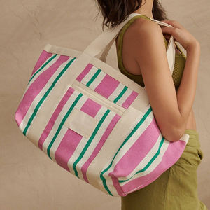 Borsa Tote in Tela a Righe con Logo Ricamato Personalizzato, Tasca Frontale, Oversize per lo Shopping - Product Image 1