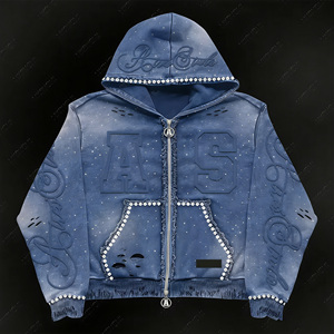 Sudadera con Capucha de Invierno para Hombre, Personalizada, OEM, Impermeable, Cortavientos, 100% Algodón, Forro Polar, Bordada, 370g, Talla Grande, con Cremallera y Remaches de Diamantes de Imitación - Product Image 2