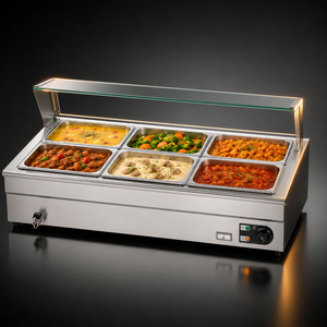 Durable Stainless Steel Food Warmer Bain Marie with Glass Sneeze Guard and Drain Valve 1500W Countertop Soup Station for Cafe - Product Image 1