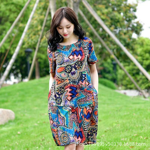 Spring Summer Korean Style Floral Loose Dress O Neck Natural Waist Polyester Women's Plus Size Curvy Middle Aged Mothers Trendy - Product Image 2