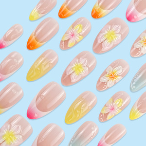 Faux ongles à presser faits main, dégradé rose nude et <span class=keywords><strong>orange</strong></span> chaud, avec accent floral 3D Plumeria, forme amande moyenne, pour vacances d'été - Product Image 3