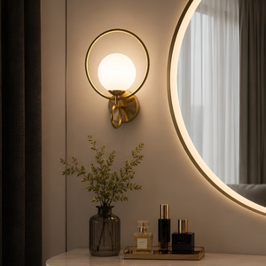 Elvaron Brushed Brass Ring Wall Sconce Opal White Glass Globe Bedroom Villa Background Decor Lamp - Product Image 1
