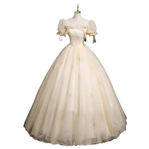 Champagne Off The Shoulder A Line Organza Evening Gown Empire Waist Vintage Style Dress - Product Image 5