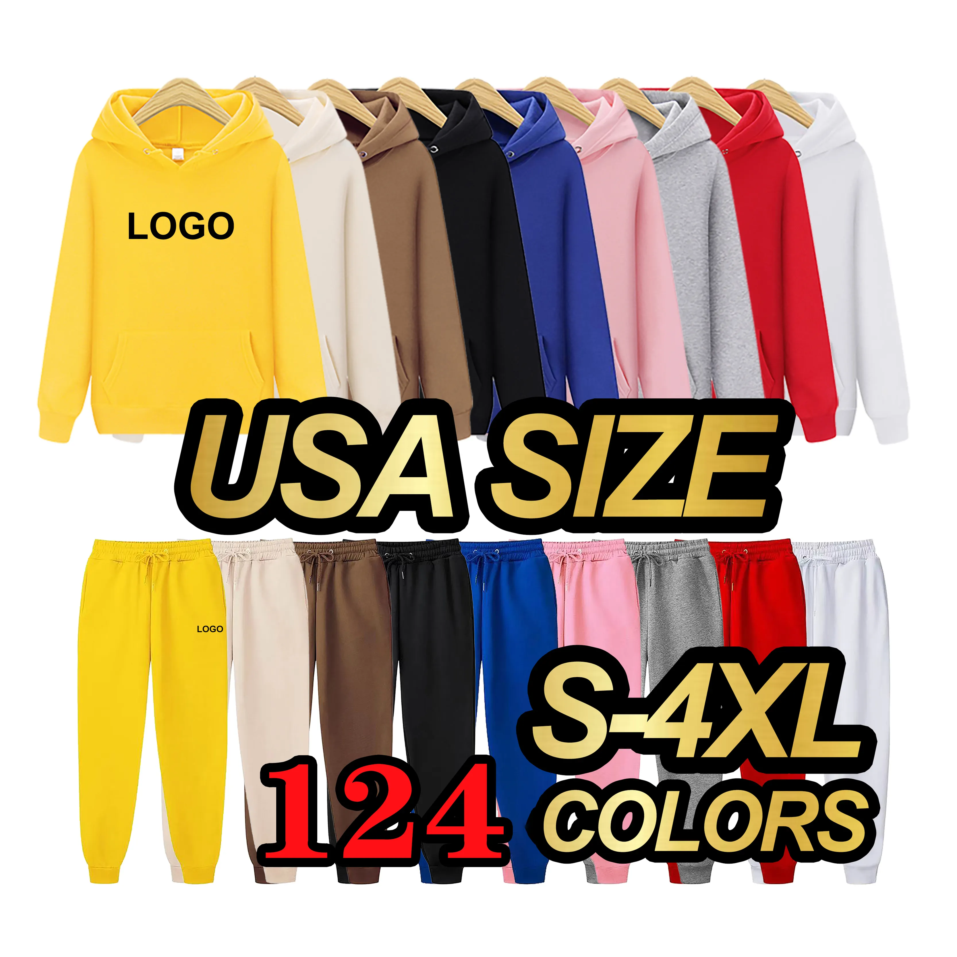 Custom Logo Usa Mens 100% Cotton Blank Plain Hoodies Vendor Joggers And Hoodies Set Embroidery Unisex Men Stacked Sweatsuit Sets