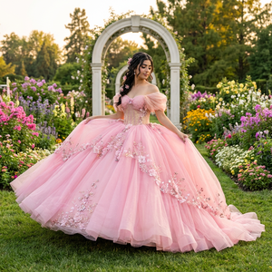 Vestidos de Quinceañera Rosa Dy6899 con Flores 3D y Pedrería, Vestidos de Fiesta para Dulces 15 y 16 Años, Jancember - Product Image 1
