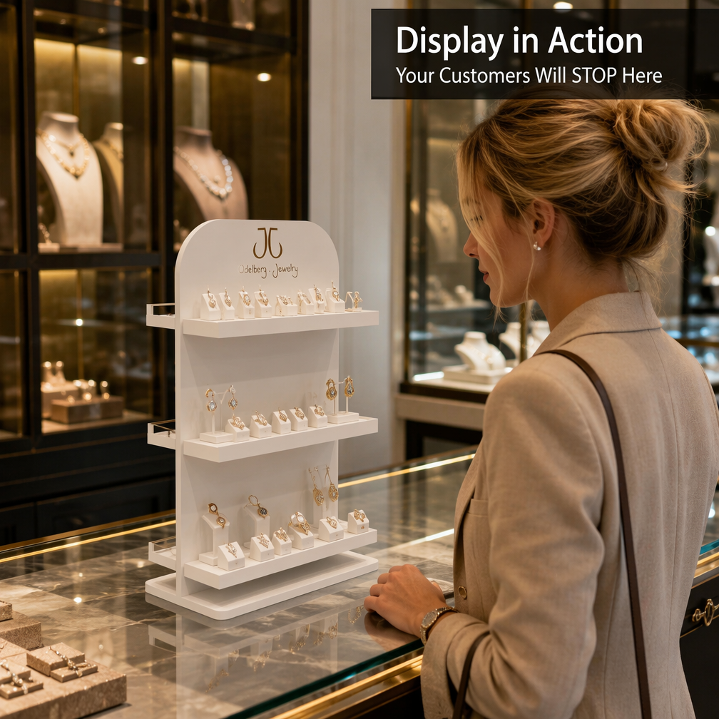 Painted MDF Double-Sided Jewelry Display Stand 3-Tier Countertop Earring Rack Custom Logo for Boutique Retail Store — view 2
