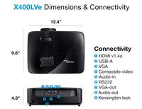 Projecteur professionnel Optoma X400LVe XGA 4000 lumens, durée de vie de la lampe jusqu'à 15 000 heures, haut-parleurs intégrés