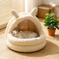 Lit pour chat en velours hollandais semi-fermé avec oreilles de lapin, lavable, fermeture éclair, nid pour animaux de compagnie