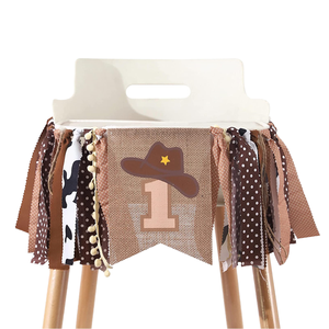 DAMAI - Mantel Decorativo para Silla Alta con Diseño de Vaquero en Marrón, Rosa y Azul, Ideal para Fiestas de Primer Cumpleaños y Fiestas Temáticas - Product Image 1
