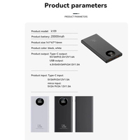 Batterie externe portable 30000 mAh avec affichage numérique, charge ultra-rapide PD20W KC, haute capacité, en PVC, 22,5W