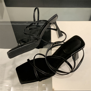 รองเท้าส้นสูงแบบเปิดนิ้วเท้าสำหรับผู้หญิง สายรัดแบบผูกเชือก หัวเหลี่ยม ส้นเข็ม ระบายอากาศได้ดี รองเท้าแฟชั่นฤดูร้อน - Product Image 5