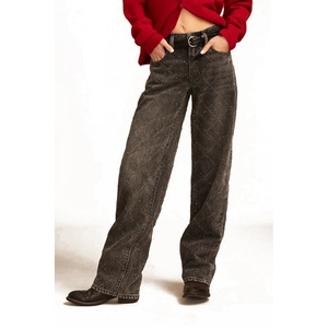 Jean baggy vintage taille basse avec logo personnalisé et strass, coupe décontractée, jambe droite, en denim pour femme - Product Image 1