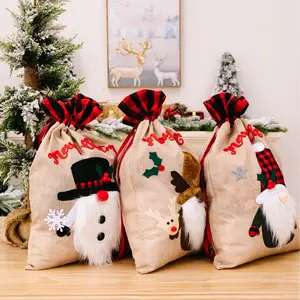 HB-426 عيد الميلاد كبيرة أكياس سانتا حقيبة الأيائل سانتا ثلج رخيصة الكتان حقائب للهدايا مع الأحمر الرباط كيس