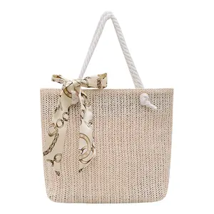 Custom new INS Bosnian grass woven drafting casual travel bow cotton rope portable armpit PP woven Vacation tote beach bag