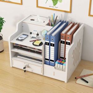 Organisateur de bureau multifonctionnel en bois à 4 niveaux, boîte de rangement pour fournitures, plateau à lettres, tiroir portable - Product Image 2