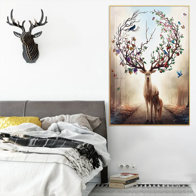 A brown elk with baby elk animal wall art deer painting picture print on canvas and poster for decor home room and office
