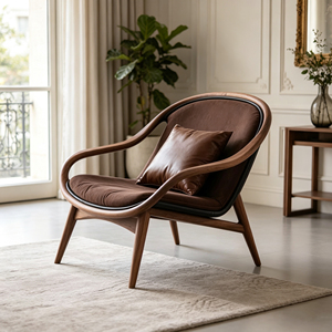 <span class=keywords><strong>Fauteuil</strong></span> de détente de style nordique avec structure en bois massif et revêtement en <span class=keywords><strong>cuir</strong></span> <span class=keywords><strong>marron</strong></span>, <span class=keywords><strong>fauteuil</strong></span> d'appoint pour la maison et l'hôtel - Product Image 6