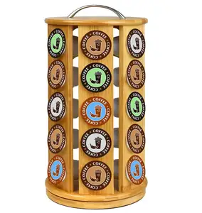 Porte-gobelet K Organisateur de dosettes de café en bambou compatible avec les K-Cups, stockage de 35 dosettes, plate-forme Lazy Suzan tourne à 360 degrés