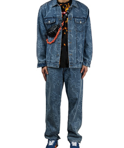 Accept Low MOQ <strong>Customised</strong> 100% Cotton Laser Engrave Print Casual <strong>Denim</strong> Jumpsuit Blue Jeans and <strong>Jacket</strong> for Men - Product Image 1