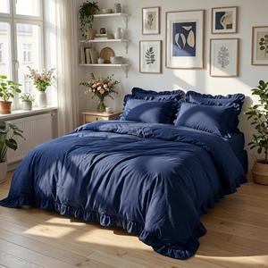 Set di Biancheria da Letto in Cotone <span class=keywords><strong>Blu</strong></span> con Volant, <span class=keywords><strong>Copripiumino</strong></span> in Stile Vintage con 2 Federe, Regalo per Coppie - Product Image 2