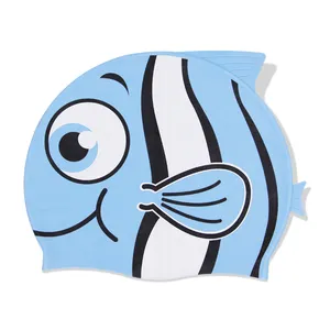 custom logo screen print swimming cap kid cartoon fish swim caps silicone for kids different sizes