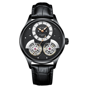 Montre mécanique automatique Ailang Skeleton à double tourbillon pour homme, boîtier en acier inoxydable de 12 mm, bracelet en cuir marron, étanche 3 ATM - Product Image 2