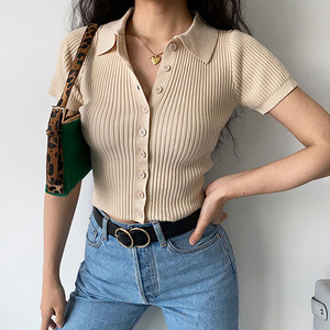 Cardigan stile corto stile OEM Factory Cardigan personalizzato estivo con collo a collo alto a coste in maglia a coste Casual <span class=keywords><strong>maglione</strong></span> sottile - Product Image 2