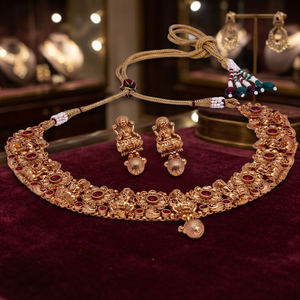 Antique Imitation South <b>Indian</b> Temple Wedding Bridal Jewelry Gold Plated Brass Women's Necklace and Earring Sets - Product Image 3