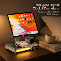 Station de charge magnétique sans fil 7-en-1 avec support pliable, veilleuse LED, réveil et sorties USB