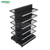 Étagère de présentation métallique double face robuste pour supermarché, forme et dimensions personnalisées, revêtement en poudre époxy, autoportante/à fixer au mur