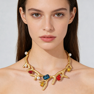 Collar de Fiesta Bella Viva con Cadena de Eslabones Geométricos de Aleación y Ramas de Coral, Estilo Moderno - Product Image 1