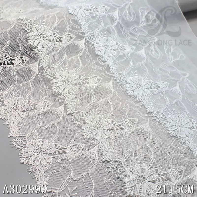 Oem Customize 22cm Light Blue Mesh Embroidered Floral Lace Fabric for Lady Dress Water-soluble Edge embroidery Lace