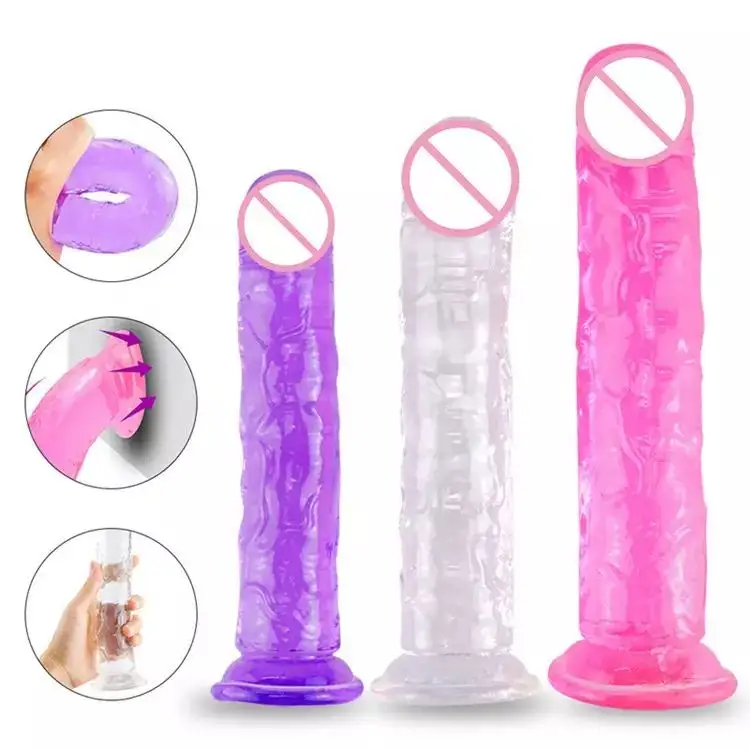 Dildo Mainan Seks Wanita, Penjualan Terbaik Lembut Transparan Multi Warna Jelly Suction Cup Realistis Dildo